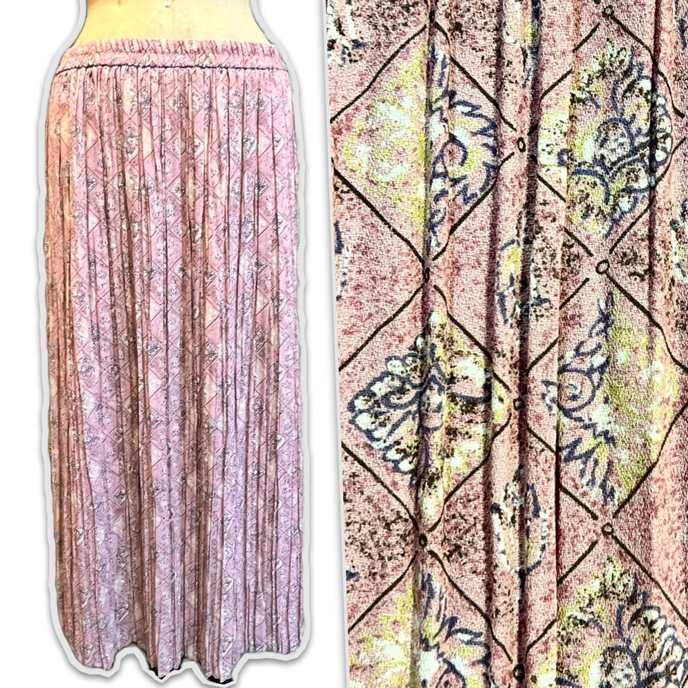 VINTAGE 80s pleated maxi skirt lightweight fleur de lis ‎ floral elastic waist